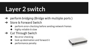 Layer 2 switch
➔ perform bridging (Bridge with multiple ports )
➔ Store & Forward Switch
◆
◆

perform error-checking before sending network frames
highly reliable & slow

➔ Cut Through Switch
◆
◆
◆

No error checking
look up destination and forward it
performance penalty

 