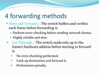 4 forwarding methods
 Store and Forward :- The switch buffers and verifies
each frame before forwarding it.
 Perform error-checking before sending network frames.
 Highly reliable and slow.
 Cut Through :- The switch reads only up to the
frame’s hardware address before starting to forward
it.
 No error checking performed.
 Look up destination and forward it.
 Performance penalty.
 