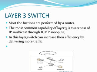 LAYER 3 SWITCH
 Most the fuctions are performed by a router.
 The most common capability of layer 3 is awareness of
IP multicast through IGMP snooping.
 In this layer,switch can increase their efficiency by
delivering more traffic.

 