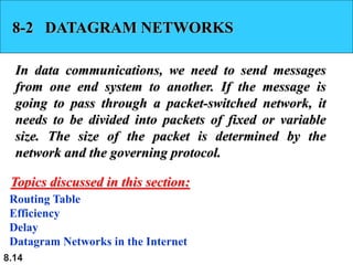 8.14
8-2 DATAGRAM NETWORKS
In data communications, we need to send messages
from one end system to another. If the message is
going to pass through a packet-switched network, it
needs to be divided into packets of fixed or variable
size. The size of the packet is determined by the
network and the governing protocol.
Routing Table
Efficiency
Delay
Datagram Networks in the Internet
Topics discussed in this section:
 