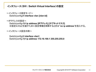 インタフェース（SVI : Switch Virtual Interface）の設定
～インタフェース設定モード～
Switch(config)# interface vlan [vlan-id]
～IPアドレスの設定～
Switch(config-if)# ip address [IPアドレス] [サブネットマスク]
※設定ミスなどを直すために設定情報を削除するときは”no ip address”を投入する。
～インタフェース設定の例～
Switch(config)# interface vlan1
Switch(config-if)# ip address 172.16.100.1 255.255.255.0
ネットワークスイッチ構築実践 Copyright© 2016 NTT Software Corporation 15
 