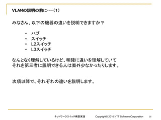 VLANの説明の前に・・・（１）
みなさん、以下の機器の違いを説明できますか？
• ハブ
• スイッチ
• L2スイッチ
• L3スイッチ
なんとなく理解しているけど、明確に違いを理解していて
それを第三者に説明できる人は案外少なかったりします。
次項以降で、それぞれの違いを説明します。
ネットワークスイッチ構築実践 Copyright© 2016 NTT Software Corporation 18
 