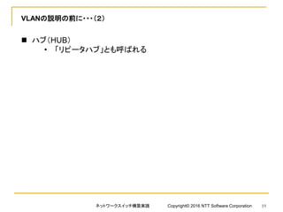 VLANの説明の前に・・・（２）
 ハブ（HUB）
• 「リピータハブ」とも呼ばれる
ネットワークスイッチ構築実践 Copyright© 2016 NTT Software Corporation 19
 
