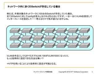 ネットワーク内に多くのSwitchが存在している場合
例えば、作業対象のネットワークに100台のSwitchが存在していた場合。
全てのSwitchに対してconfigを投入しなければならないですが、一台一台にVLANを設定して
インターフェースを設定して・・・・考えるだけで気が遠くなりますよね。
VLANを作るにしてもオペミスでVLAN 100がVLAN1000になったり。
もっと効率的に設定できる方法は無い？
⇒VTPを用いることにより効率的に設定が可能となる。
ネットワークスイッチ構築実践 Copyright© 2016 NTT Software Corporation 31
 