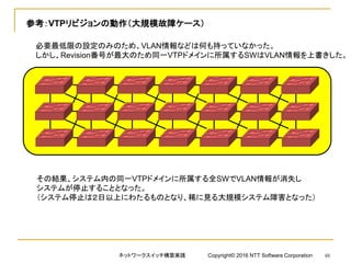 参考：VTPリビジョンの動作（大規模故障ケース）
必要最低限の設定のみのため、VLAN情報などは何も持っていなかった。
しかし、Revision番号が最大のため同一VTPドメインに所属するSWはVLAN情報を上書きした。
その結果、システム内の同一VTPドメインに所属する全SWでVLAN情報が消失し
システムが停止することとなった。
（システム停止は２日以上にわたるものとなり、稀に見る大規模システム障害となった）
ネットワークスイッチ構築実践 Copyright© 2016 NTT Software Corporation 48
 