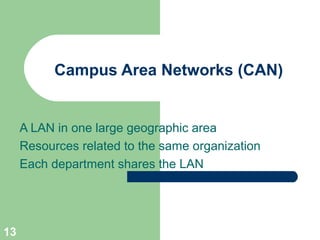 A LAN in one large geographic area
Resources related to the same organization
Each department shares the LAN
13
Campus Area Networks (CAN)
 