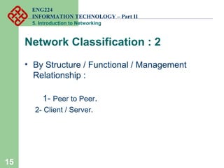 ENG224
INFORMATION TECHNOLOGY – Part II
5. Introduction to Networking
Network Classification : 2
• By Structure / Functional / Management
Relationship :
1- Peer to Peer.
2- Client / Server.
15
 