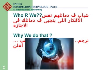 ENG224
INFORMATION TECHNOLOGY – Part II
5. Introduction to Networking
Who R We?? ‫شباب‬‫نفس‬ ‫دماغهم‬ ‫ف‬
‫فى‬ ‫دماغك‬ ‫ف‬ ‫بتجيى‬ ‫اللى‬ ‫الفكار‬
‫الجازه‬
Why We do that ?
... .. .. ..‫اكتب‬ ‫فيديو‬ ‫اشرح‬ ‫شير‬ ‫ترجم‬
‫أعلن‬ ...
2
 