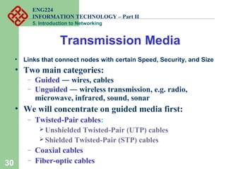 ENG224
INFORMATION TECHNOLOGY – Part II
5. Introduction to Networking
30
• Links that connect nodes with certain Speed, Security, and Size
• Two main categories:
– Guided ― wires, cables
– Unguided ― wireless transmission, e.g. radio,
microwave, infrared, sound, sonar
• We will concentrate on guided media first:
– Twisted-Pair cables:
 Unshielded Twisted-Pair (UTP) cables
 Shielded Twisted-Pair (STP) cables
– Coaxial cables
– Fiber-optic cables
Transmission Media
 