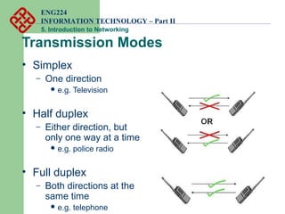 ENG224
INFORMATION TECHNOLOGY – Part II
5. Introduction to Networking
Transmission Modes
• Simplex
– One direction
 e.g. Television
• Half duplex
– Either direction, but
only one way at a time
 e.g. police radio
• Full duplex
– Both directions at the
same time
 e.g. telephone
 