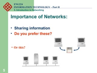ENG224
INFORMATION TECHNOLOGY – Part II
5. Introduction to Networking
Importance of Networks:
• Sharing information
• Do you prefer these?
5
• Or this?
 