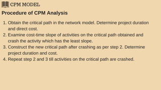 CPM MODEL
Procedure of CPM Analysis
1. Obtain the critical path in the network model. Determine project duration
and direct cost.
2. Examine cost-time slope of activities on the critical path obtained and
crash the activity which has the least slope.
3. Construct the new critical path after crashing as per step 2. Determine
project duration and cost.
4. Repeat step 2 and 3 till activities on the critical path are crashed.
 