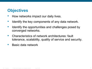 Objectives


How networks impact our daily lives.



Identify the key components of any data network.



Identify the opportunities and challenges posed by
converged networks.



Characteristics of network architectures: fault
tolerance, scalability, quality of service and security.



Basic data network

ITE 1 Chapter 6

© 2006 Cisco Systems, Inc. All rights reserved.

Cisco Public

3

 