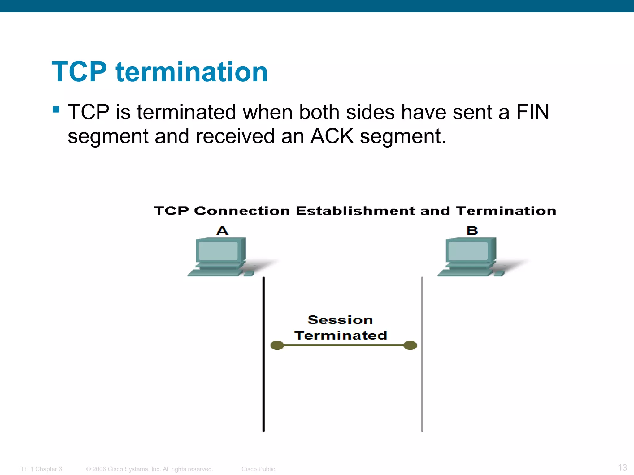 TCP termination
 TCP is terminated when both sides have sent a FIN
segment and received an ACK segment.

ITE 1 Chapter 6

© 2006 Cisco Systems, Inc. All rights reserved.

Cisco Public

13

 