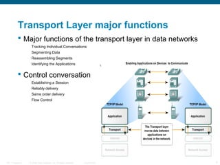 Transport Layer major functions
 Major functions of the transport layer in data networks
Tracking Individual Conversations
Segmenting Data
Reassembling Segments
Identifying the Applications

 Control conversation
Establishing a Session
Reliably delivery
Same order delivery
Flow Control

ITE 1 Chapter 6

© 2006 Cisco Systems, Inc. All rights reserved.

Cisco Public

4

 