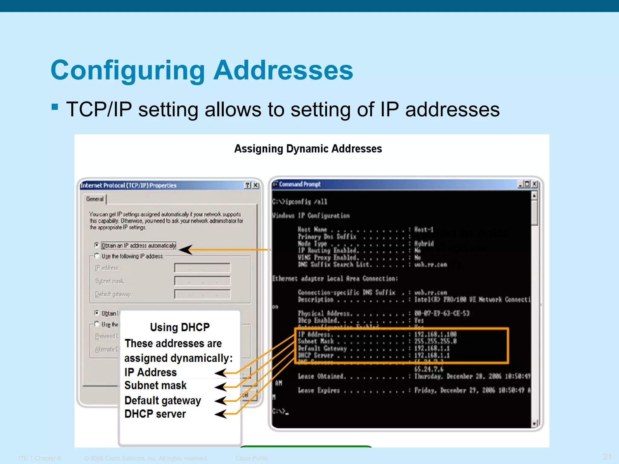 Configuring Addresses
 TCP/IP setting allows to setting of IP addresses

ITE 1 Chapter 6

© 2006 Cisco Systems, Inc. All rights reserved.

Cisco Public

21

 