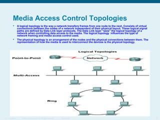 Media Access Control Topologies


A logical topology is the way a network transfers frames from one node to the next. Consists of virtual
connections between the nodes of a network independent of their physical layout. These logical signal
paths are defined by Data Link layer protocols. The Data Link layer "sees" the logical topology of a
network when controlling data access to the media. The logical topology influences the type of
network framing and media access control used.



The physical topology is an arrangement of the nodes and the physical connections between them. The
representation of how the media is used to interconnect the devices is the physical topology.

ITE 1 Chapter 6

© 2006 Cisco Systems, Inc. All rights reserved.

Cisco Public

11

 