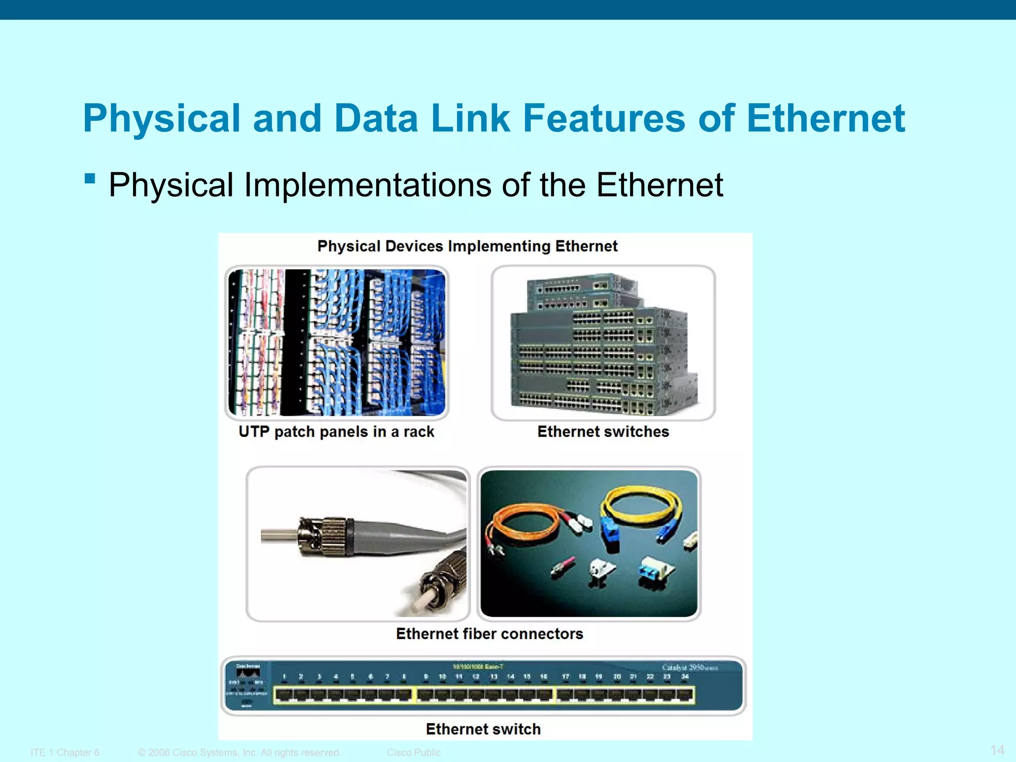 Physical and Data Link Features of Ethernet
 Physical Implementations of the Ethernet

ITE 1 Chapter 6

© 2006 Cisco Systems, Inc. All rights reserved.

Cisco Public

14

 