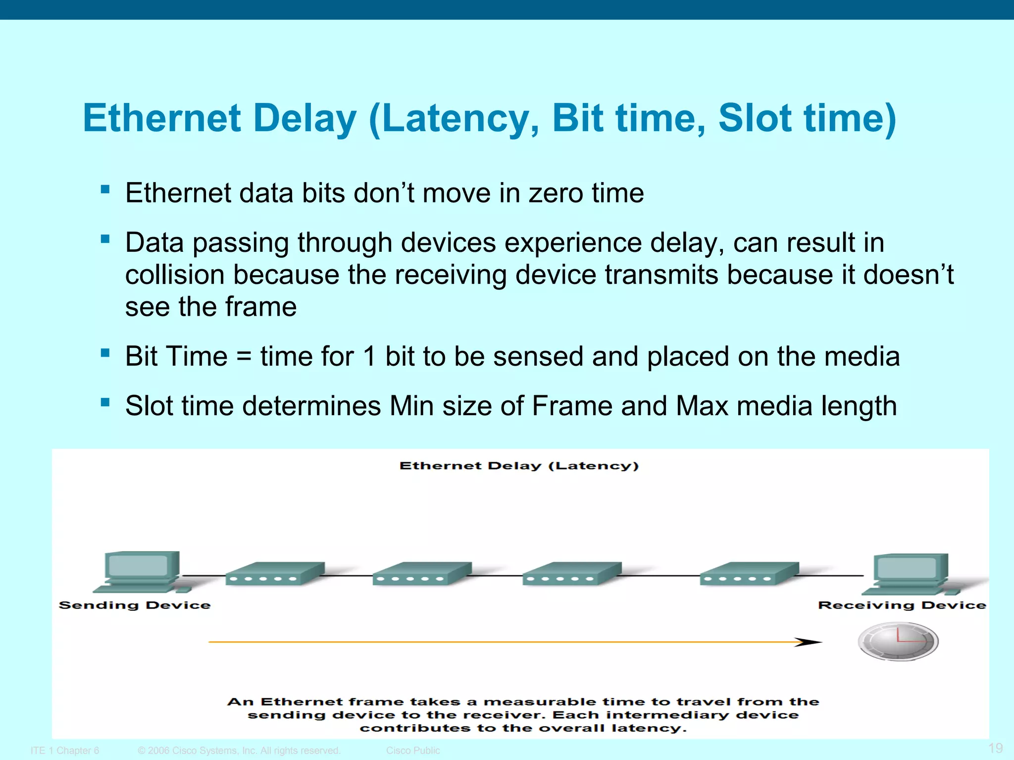 Ethernet Delay (Latency, Bit time, Slot time)
 Ethernet data bits don’t move in zero time
 Data passing through devices experience delay, can result in
collision because the receiving device transmits because it doesn’t
see the frame
 Bit Time = time for 1 bit to be sensed and placed on the media
 Slot time determines Min size of Frame and Max media length

ITE 1 Chapter 6

© 2006 Cisco Systems, Inc. All rights reserved.

Cisco Public

19

 