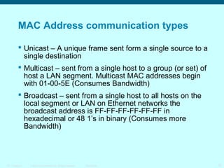 MAC Address communication types
 Unicast – A unique frame sent form a single source to a
single destination
 Multicast – sent from a single host to a group (or set) of
host a LAN segment. Multicast MAC addresses begin
with 01-00-5E (Consumes Bandwidth)
 Broadcast – sent from a single host to all hosts on the
local segment or LAN on Ethernet networks the
broadcast address is FF-FF-FF-FF-FF-FF in
hexadecimal or 48 1’s in binary (Consumes more
Bandwidth)

ITE 1 Chapter 6

© 2006 Cisco Systems, Inc. All rights reserved.

Cisco Public

25

 