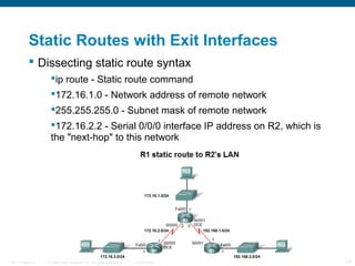 Static Routes with Exit Interfaces
 Dissecting static route syntax
ip route - Static route command
172.16.1.0 - Network address of remote network
255.255.255.0 - Subnet mask of remote network
172.16.2.2 - Serial 0/0/0 interface IP address on R2, which is
the "next-hop" to this network

ITE 1 Chapter 6

© 2006 Cisco Systems, Inc. All rights reserved.

Cisco Public

13

 