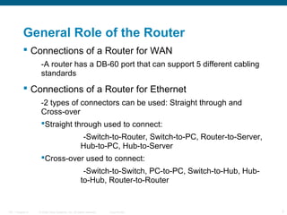 General Role of the Router
 Connections of a Router for WAN
-A router has a DB-60 port that can support 5 different cabling
standards

 Connections of a Router for Ethernet
-2 types of connectors can be used: Straight through and

Cross-over
Straight through used to connect:
-Switch-to-Router, Switch-to-PC, Router-to-Server,
Hub-to-PC, Hub-to-Server
Cross-over used to connect:
-Switch-to-Switch, PC-to-PC, Switch-to-Hub, Hubto-Hub, Router-to-Router

ITE 1 Chapter 6

© 2006 Cisco Systems, Inc. All rights reserved.

Cisco Public

3

 