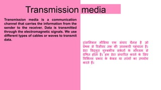 • Infographic Style
Transmission media
Transmission media is a communication
channel that carries the information from the
sender to the receiver. Data is transmitted
through the electromagnetic signals. We use
different types of cables or waves to transmit
data.
ट्ांसलमशन मीडिया एक संचार चैनल है िो
प्रेषक से ररसीवर िक की िानकार पहुंचािा है।
िेटा ववद्युि चुम्बकीय संके िों के माध्यम से
प्रेवषि होिा है। हम िेटा संचाररि करने के ललए
ववलभन्न प्रकार के के बल या िरंगों का उपयोग
करिे हैं।
 