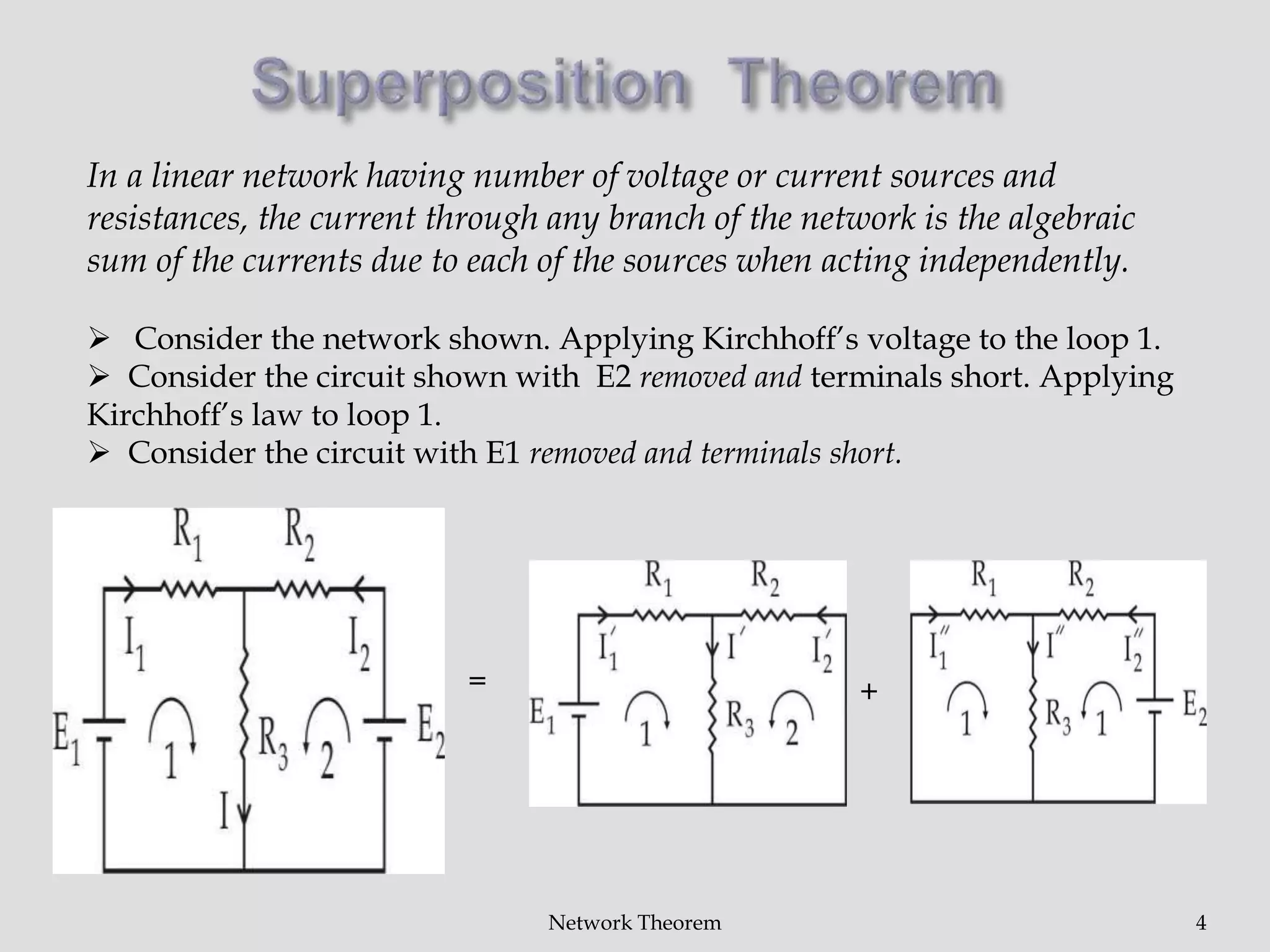 Network Theorem 4
In a linear network having number of voltage or current sources and
resistances, the current through any branch of the network is the algebraic
sum of the currents due to each of the sources when acting independently.
 Consider the network shown. Applying Kirchhoff’s voltage to the loop 1.
 Consider the circuit shown with E2 removed and terminals short. Applying
Kirchhoff’s law to loop 1.
 Consider the circuit with E1 removed and terminals short.
= +
 