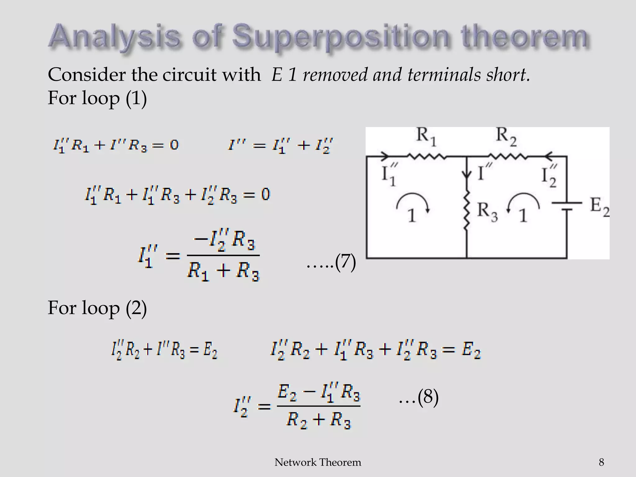 Consider the circuit with E 1 removed and terminals short.
For loop (1)
…..(7)
For loop (2)
…(8)
Network Theorem 8
 