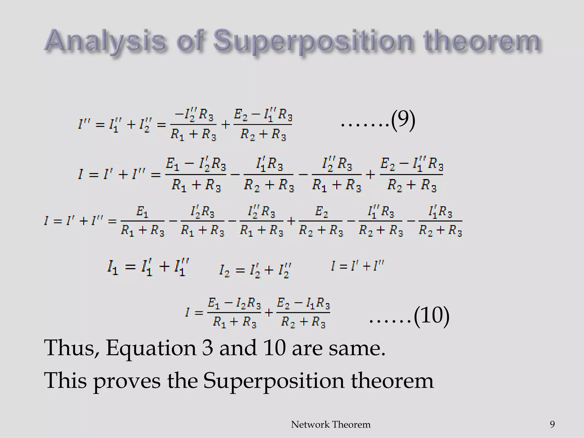 …….(9)
……(10)
Thus, Equation 3 and 10 are same.
This proves the Superposition theorem
Network Theorem 9
 