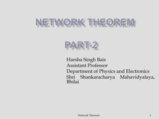Harsha Singh Bais
Assistant Professor
Department of Physics and Electronics
Shri Shankaracharya Mahavidyalaya,
Bhilai
1Network Theorem
 