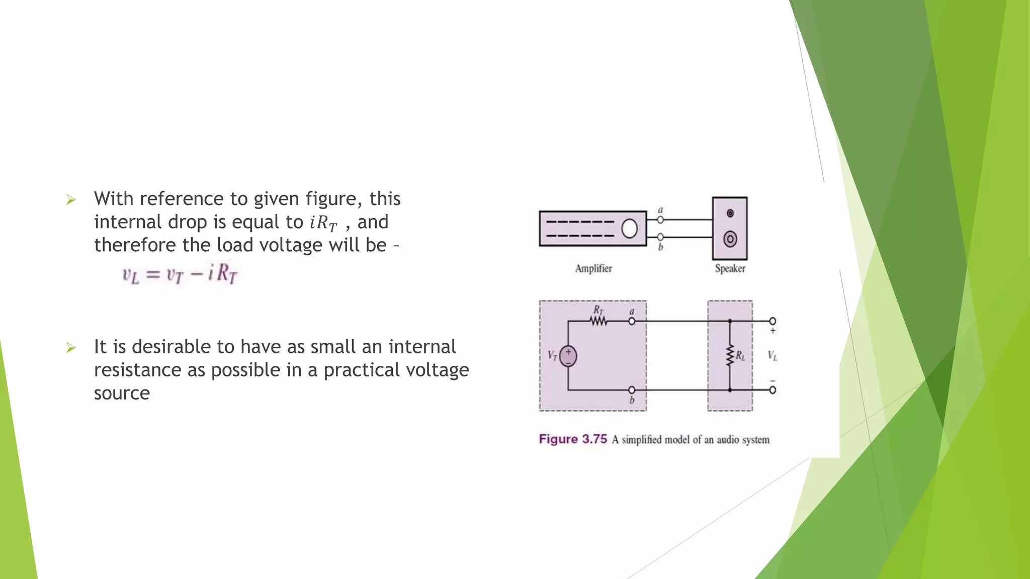  With reference to given figure, this
internal drop is equal to 𝑖𝑅𝑇 , and
therefore the load voltage will be –
 It is desirable to have as small an internal
resistance as possible in a practical voltage
source
 