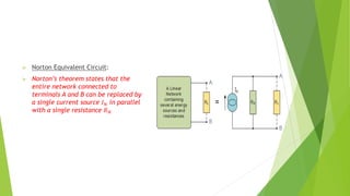  Norton Equivalent Circuit:
 Norton’s theorem states that the
entire network connected to
terminals A and B can be replaced by
a single current source 𝐼𝑁 in parallel
with a single resistance 𝑅𝑁
 
