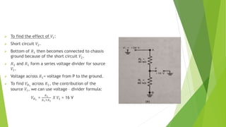  To find the effect of 𝑉1:
 Short circuit 𝑉2.
 Bottom of 𝑅1 then becomes connected to chassis
ground because of the short circuit 𝑉2.
 𝑅2 and 𝑅1 form a series voltage divider for source
𝑉1.
 Voltage across 𝑅1= voltage from P to the ground.
 To find 𝑉𝑅1
across 𝑅1, the contribution of the
source 𝑉1, we can use voltage – divider formula:
𝑉𝑅1
=
𝑅1
𝑅1+𝑅2
𝑋 𝑉1 = 16 V
 