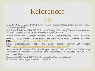 In real case, how can we apply this theory on organization?Right type of structure Sharing information and exchange resourcesEnhance social influencesApplication