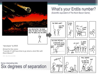 What’s your Erdős number?
                                                                 (Scientific equivalent of The Kevin Bacon Game)




  “Apocalypse” by XKCD

  Alt text for this comic:
  "I wonder if I still have time to go shoot a short film with
  Kevin Bacon?"
  URL: http://xkcd.com/599/




Some interesting bits:
Six degrees of separation
 