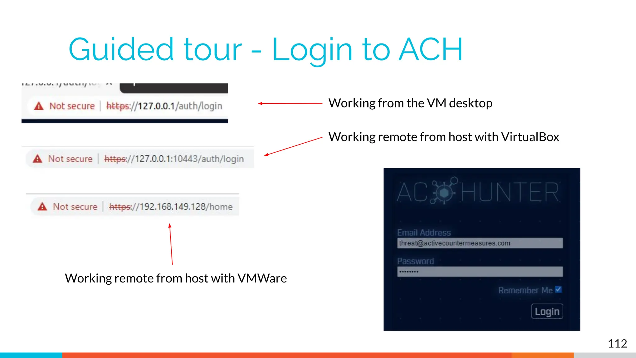Guided tour - Login to ACH
112
Working from the VM desktop
Working remote from host with VirtualBox
Working remote from host with VMWare
 