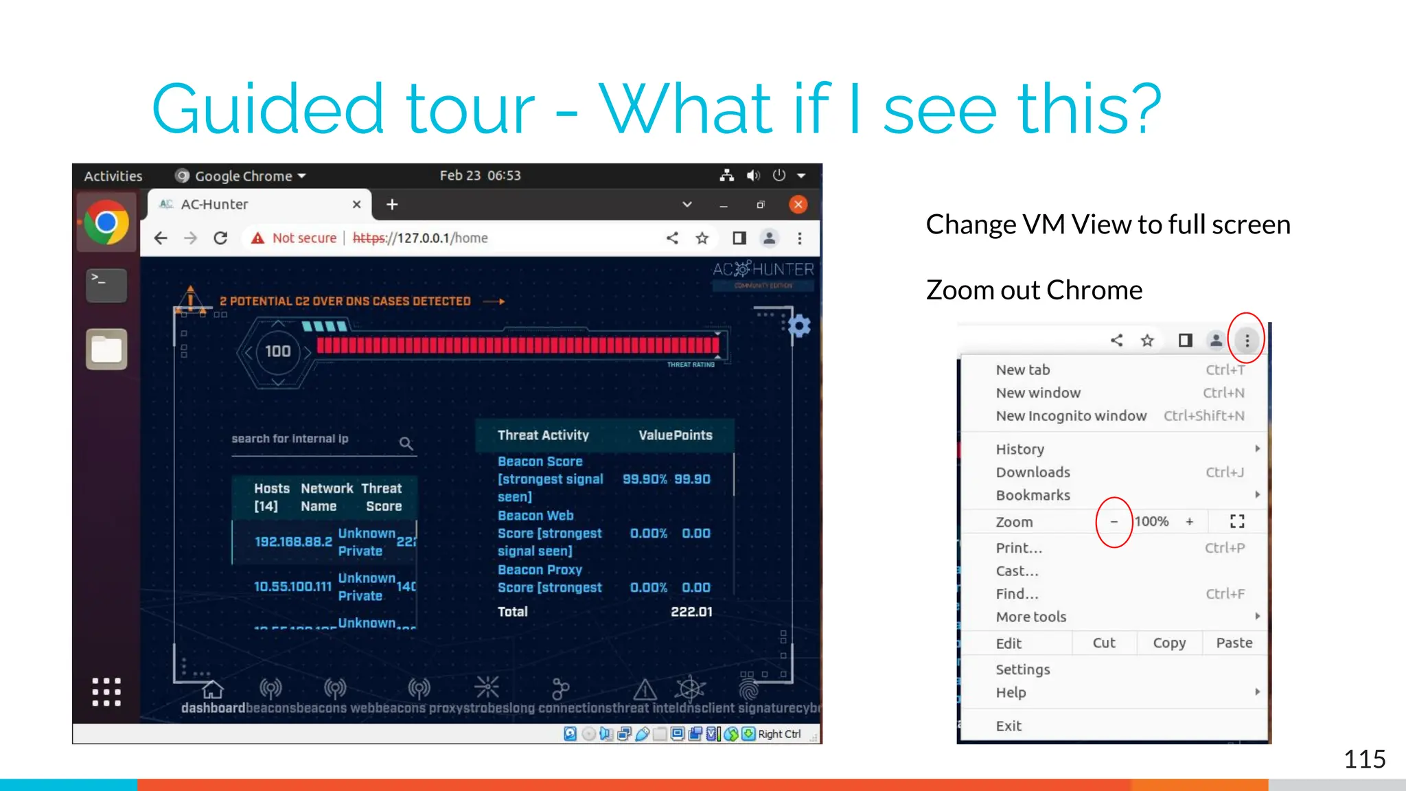 Guided tour - What if I see this?
115
Change VM View to full screen
Zoom out Chrome
 