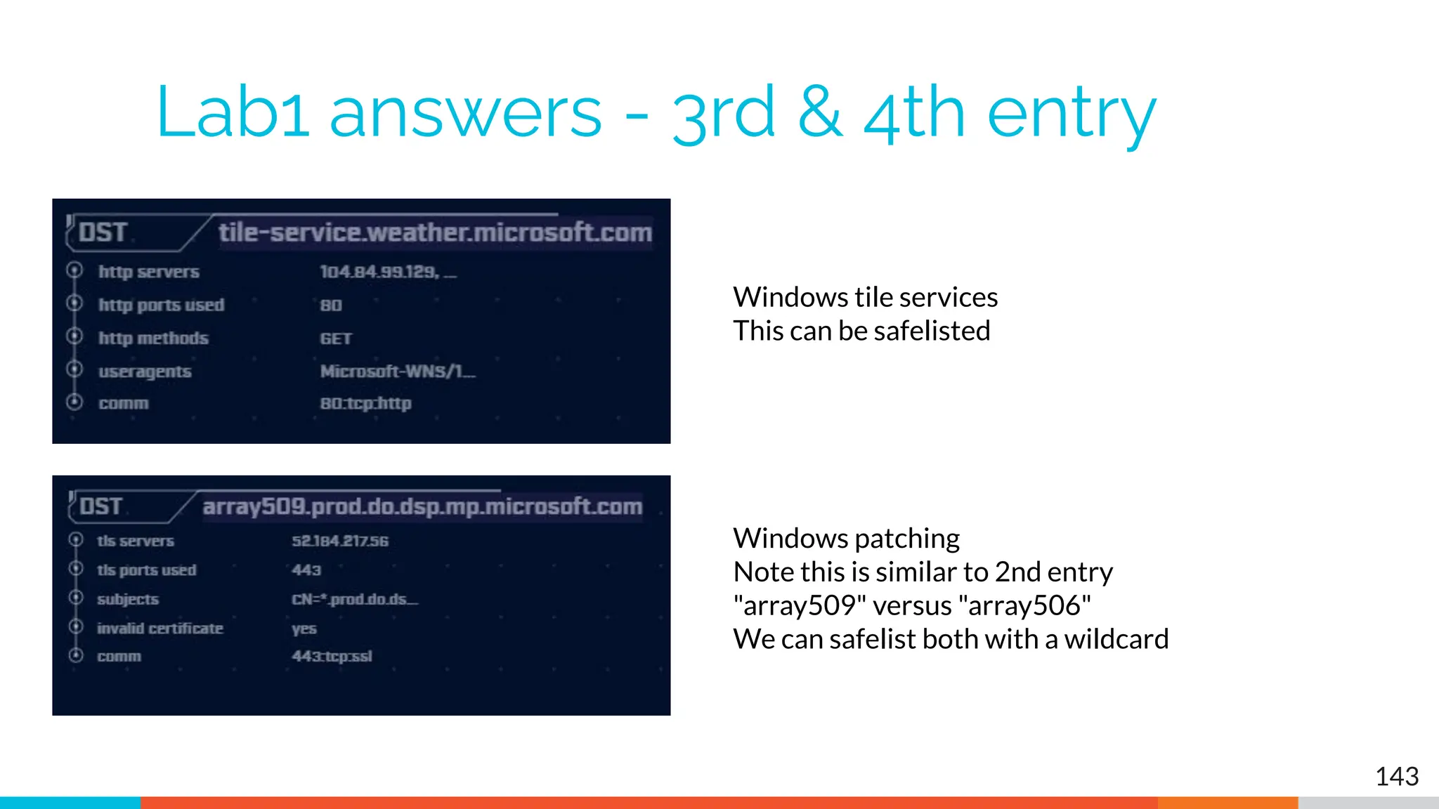 Lab1 answers - 3rd & 4th entry
143
Windows tile services
This can be safelisted
Windows patching
Note this is similar to 2nd entry
"array509" versus "array506"
We can safelist both with a wildcard
 