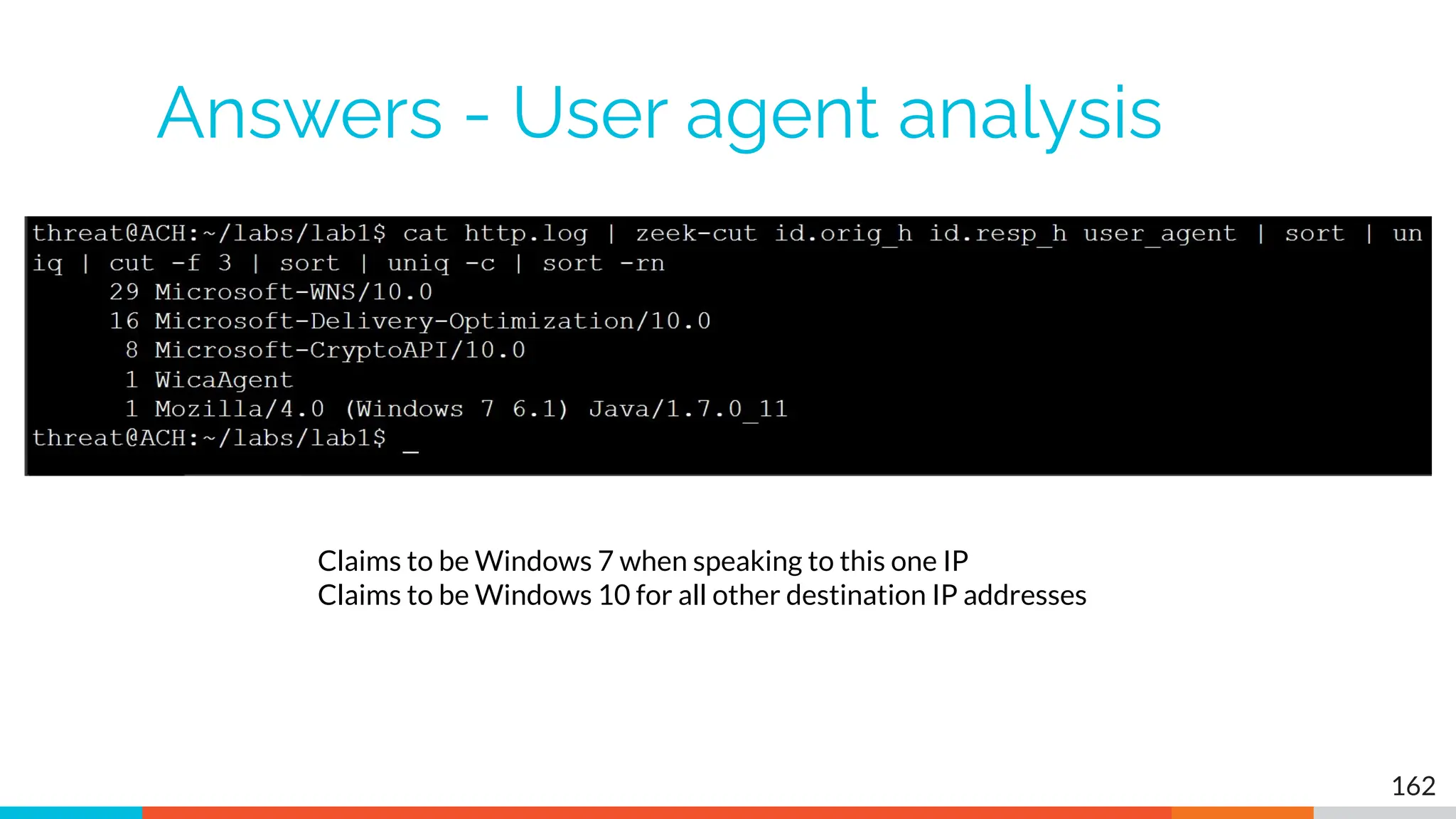 Answers - User agent analysis
162
Claims to be Windows 7 when speaking to this one IP
Claims to be Windows 10 for all other destination IP addresses
 