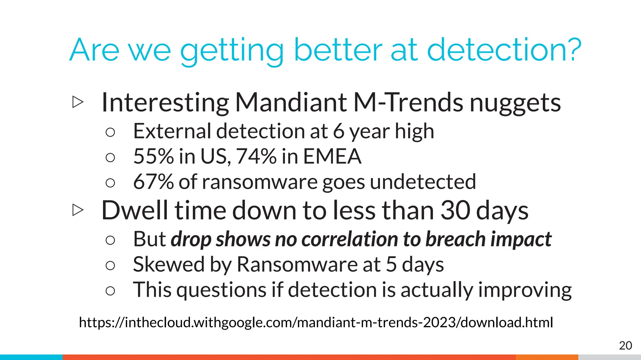 Are we getting better at detection?
▷ Interesting Mandiant M-Trends nuggets
○ External detection at 6 year high
○ 55% in US, 74% in EMEA
○ 67% of ransomware goes undetected
▷ Dwell time down to less than 30 days
○ But drop shows no correlation to breach impact
○ Skewed by Ransomware at 5 days
○ This questions if detection is actually improving
20
https://inthecloud.withgoogle.com/mandiant-m-trends-2023/download.html
 