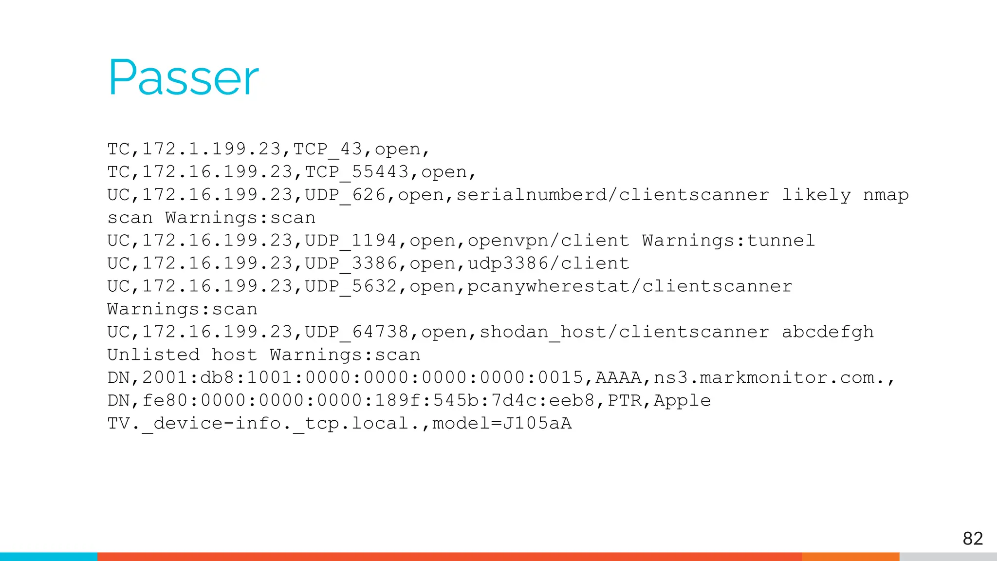 Passer
TC,172.1.199.23,TCP_43,open,
TC,172.16.199.23,TCP_55443,open,
UC,172.16.199.23,UDP_626,open,serialnumberd/clientscanner likely nmap
scan Warnings:scan
UC,172.16.199.23,UDP_1194,open,openvpn/client Warnings:tunnel
UC,172.16.199.23,UDP_3386,open,udp3386/client
UC,172.16.199.23,UDP_5632,open,pcanywherestat/clientscanner
Warnings:scan
UC,172.16.199.23,UDP_64738,open,shodan_host/clientscanner abcdefgh
Unlisted host Warnings:scan
DN,2001:db8:1001:0000:0000:0000:0000:0015,AAAA,ns3.markmonitor.com.,
DN,fe80:0000:0000:0000:189f:545b:7d4c:eeb8,PTR,Apple
TV._device-info._tcp.local.,model=J105aA
82
 