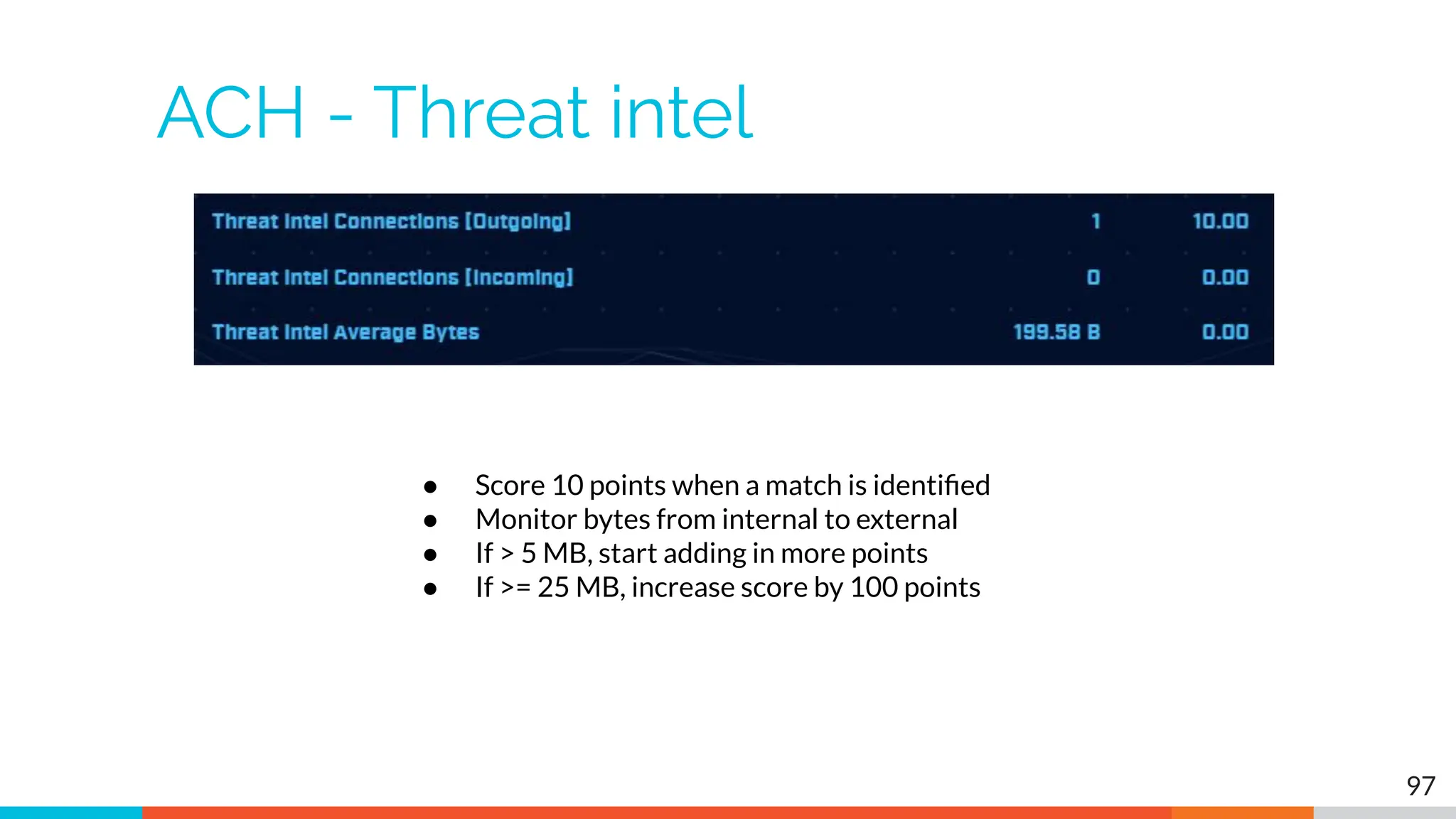 ACH - Threat intel
97
● Score 10 points when a match is identiﬁed
● Monitor bytes from internal to external
● If > 5 MB, start adding in more points
● If >= 25 MB, increase score by 100 points
 