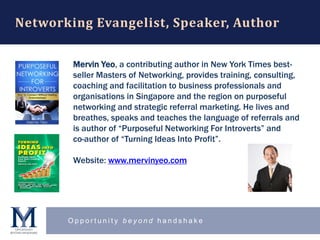 O p p o r t u n i t y b e y o n d h a n d s h a k e
Networking Evangelist, Speaker, Author
Mervin Yeo, a contributing auth...