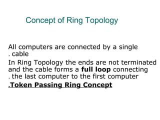 Concept of Ring Topology
All computers are connected by a single
cable.
In Ring Topology the ends are not terminated
and the cable forms a full loop connecting
the last computer to the first computer.
Token Passing Ring Concept.
 