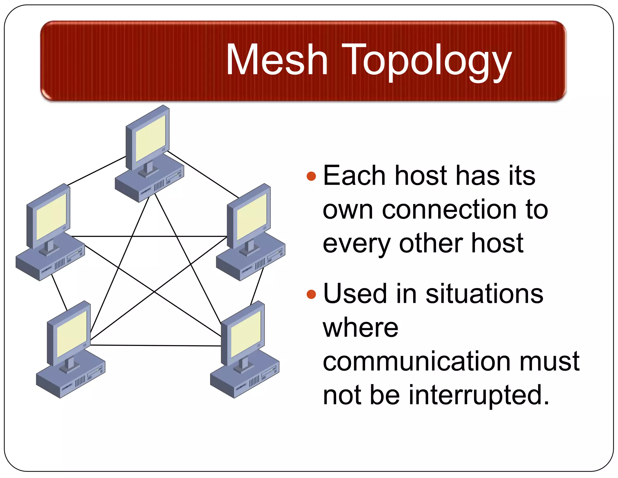 Mesh Topology

    Each host has its
    own connection to
    every other host
    Used in situations
    where
    communication must
    not be interrupted.
 