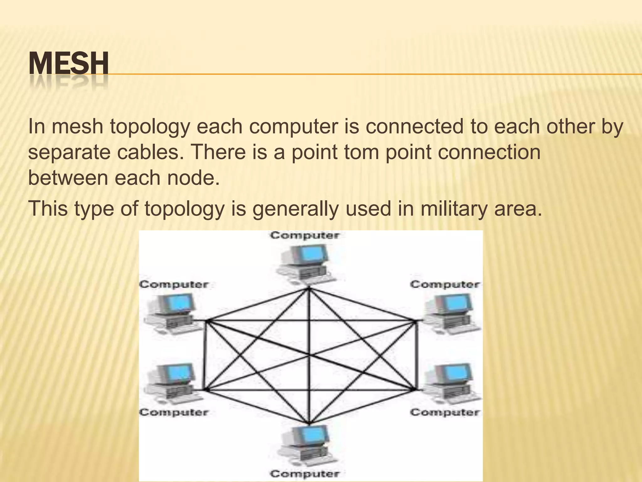 MESH
In mesh topology each computer is connected to each other by
separate cables. There is a point tom point connection
between each node.
This type of topology is generally used in military area.
 