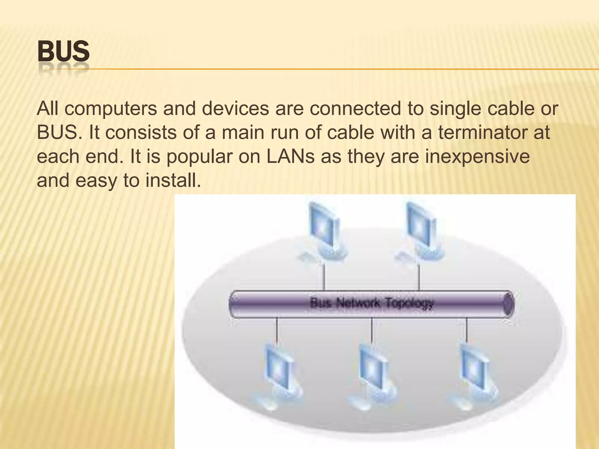 BUS
All computers and devices are connected to single cable or
BUS. It consists of a main run of cable with a terminator at
each end. It is popular on LANs as they are inexpensive
and easy to install.
 