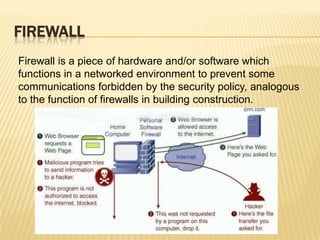 FIREWALL
Firewall is a piece of hardware and/or software which
functions in a networked environment to prevent some
communications forbidden by the security policy, analogous
to the function of firewalls in building construction.
 
