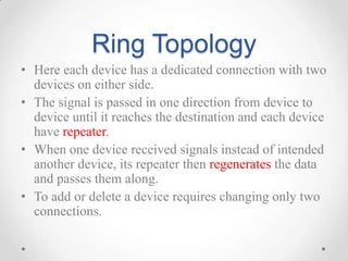 Ring Topology
• Here each device has a dedicated connection with two
devices on either side.
• The signal is passed in one...